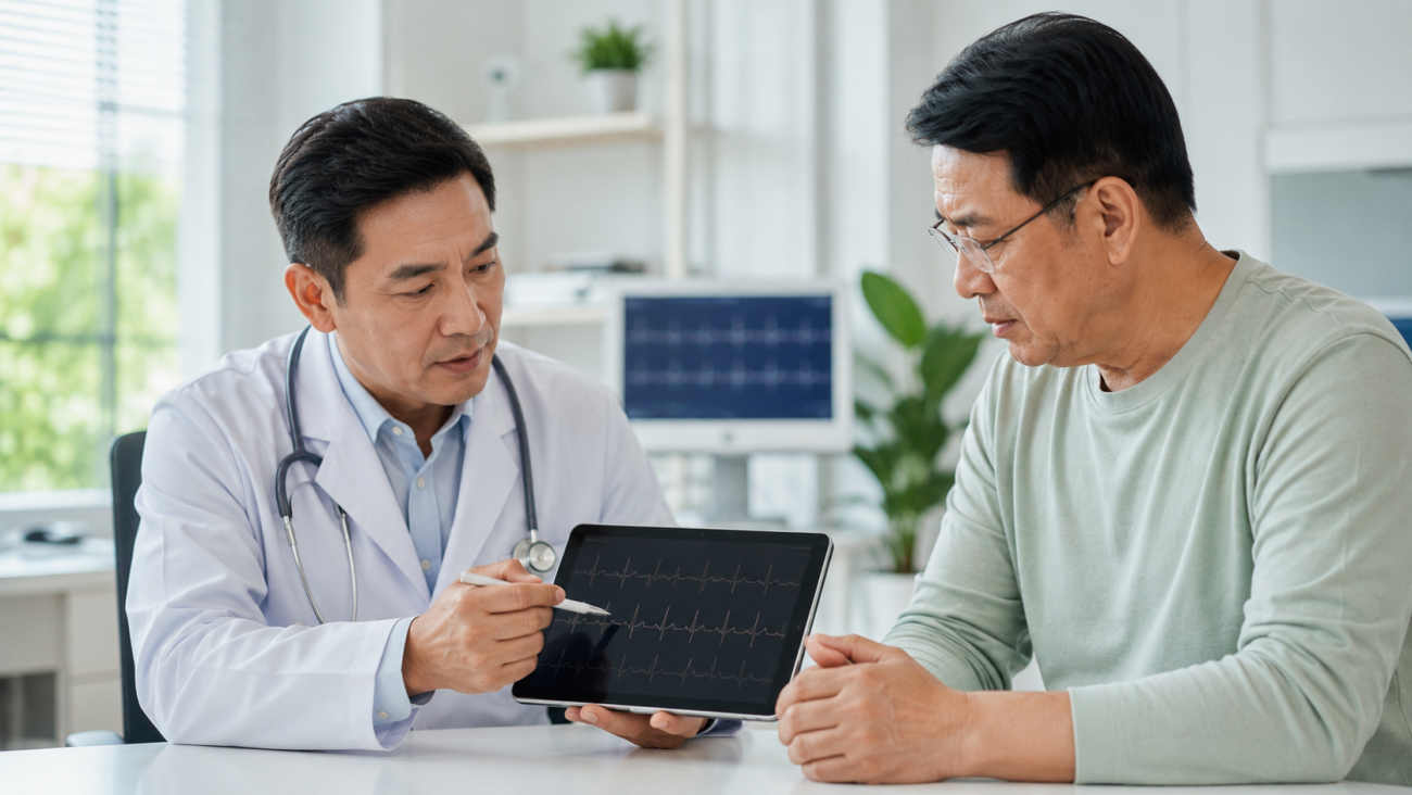 Bác sĩ giải thích kết quả ECG cho người có nguy cơ rung nhĩ