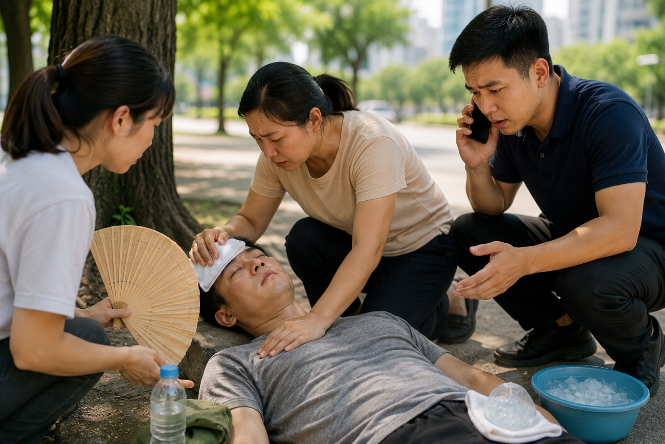Sơ cứu người bị sốc nhiệt dưới trời nắng bằng cách đưa vào bóng râm, làm mát cơ thể và gọi cấp cứu.