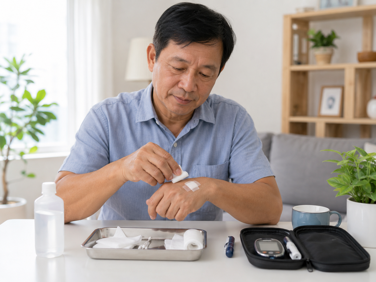 Người đàn ông trung niên đang vệ sinh và băng vết thương nhỏ ở tay, trên bàn có gạc sạch, bông, nước rửa và bộ đo đường huyết.