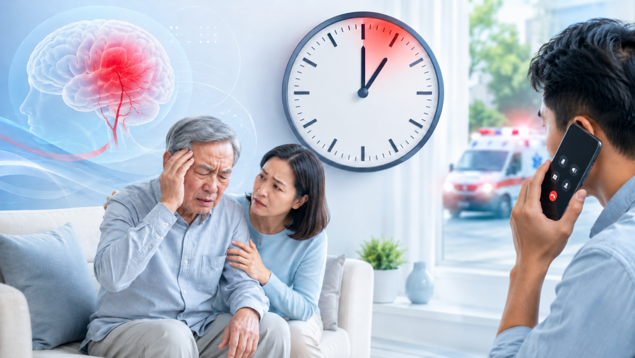 Người thân gọi cấp cứu khi người lớn tuổi có dấu hiệu nghi ngờ đột quỵ, với hình ảnh đồng hồ nhấn mạnh tầm quan trọng của thời gian.