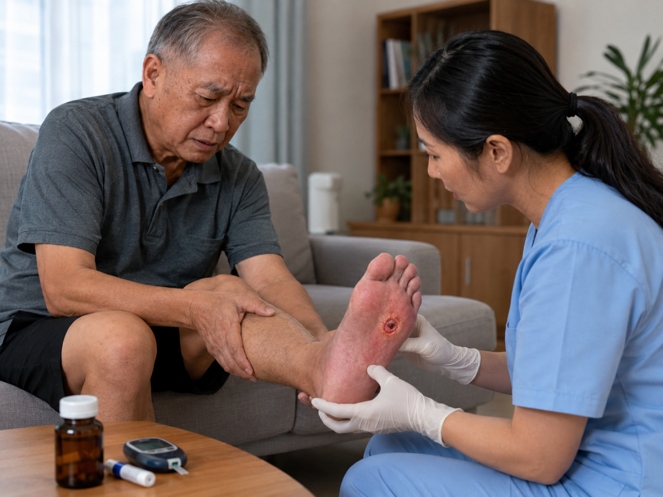 Nhân viên y tế kiểm tra vết loét ở bàn chân cho người bệnh tiểu đường, nhấn mạnh việc cần đi khám sớm khi vết thương sưng đỏ, chảy dịch hoặc lâu lành.