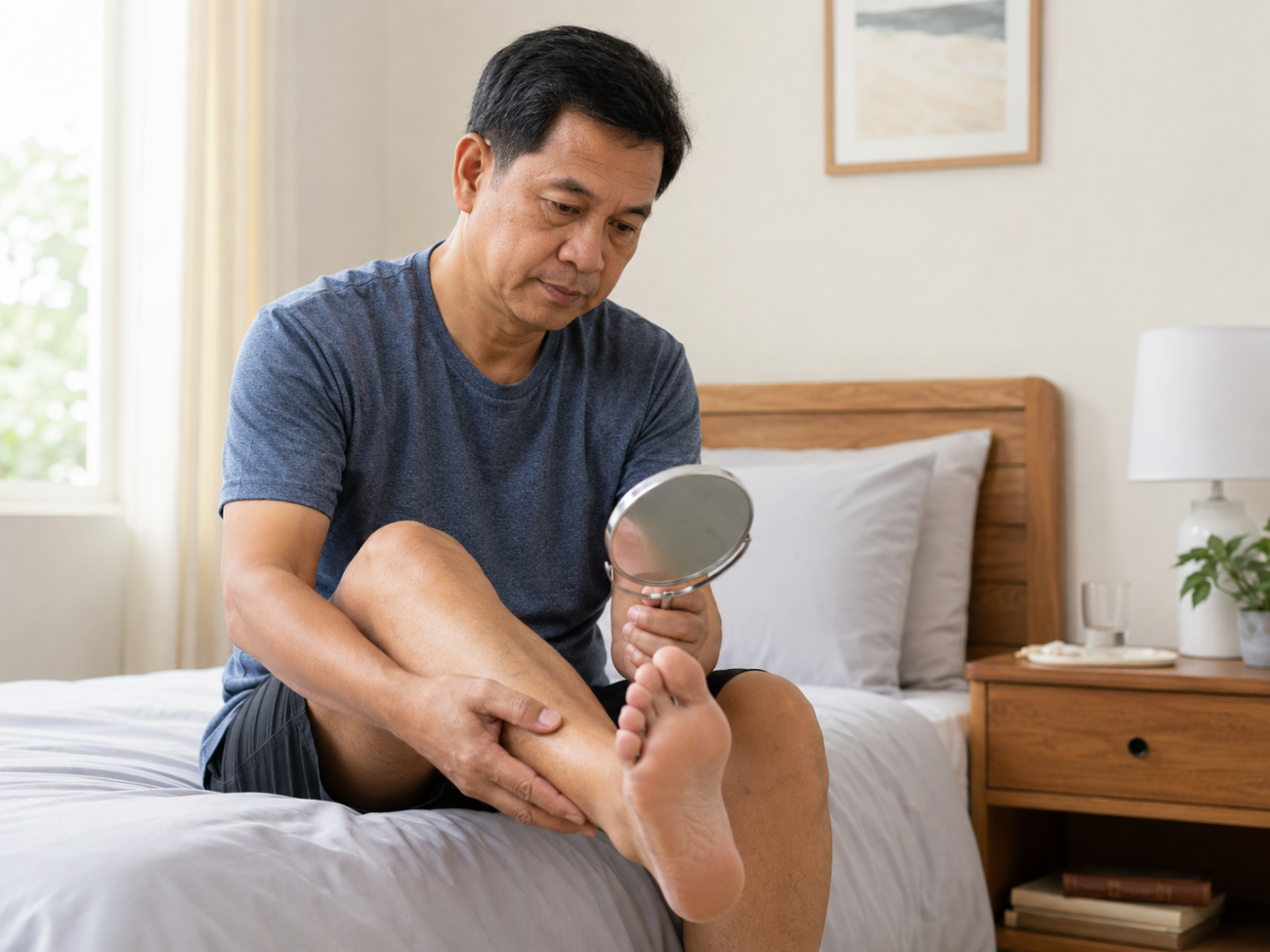 Người đàn ông trung niên ngồi trên giường, dùng gương cầm tay để kiểm tra lòng bàn chân trong không gian phòng ngủ sạch, sáng và thân thiện.