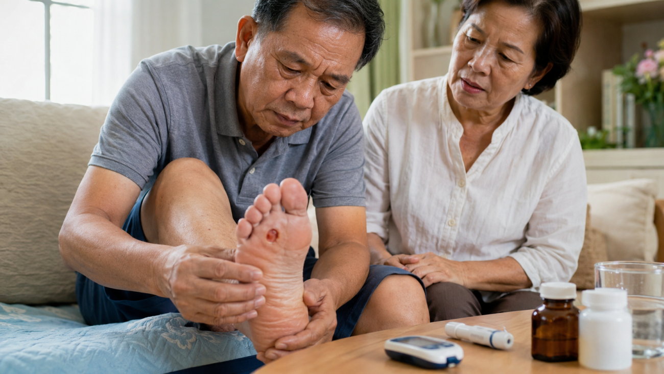 Người bệnh tiểu đường kiểm tra bàn chân tại nhà và phát hiện vết loét nhỏ ở lòng bàn chân, trong khi người thân ngồi bên cạnh hỗ trợ theo dõi.