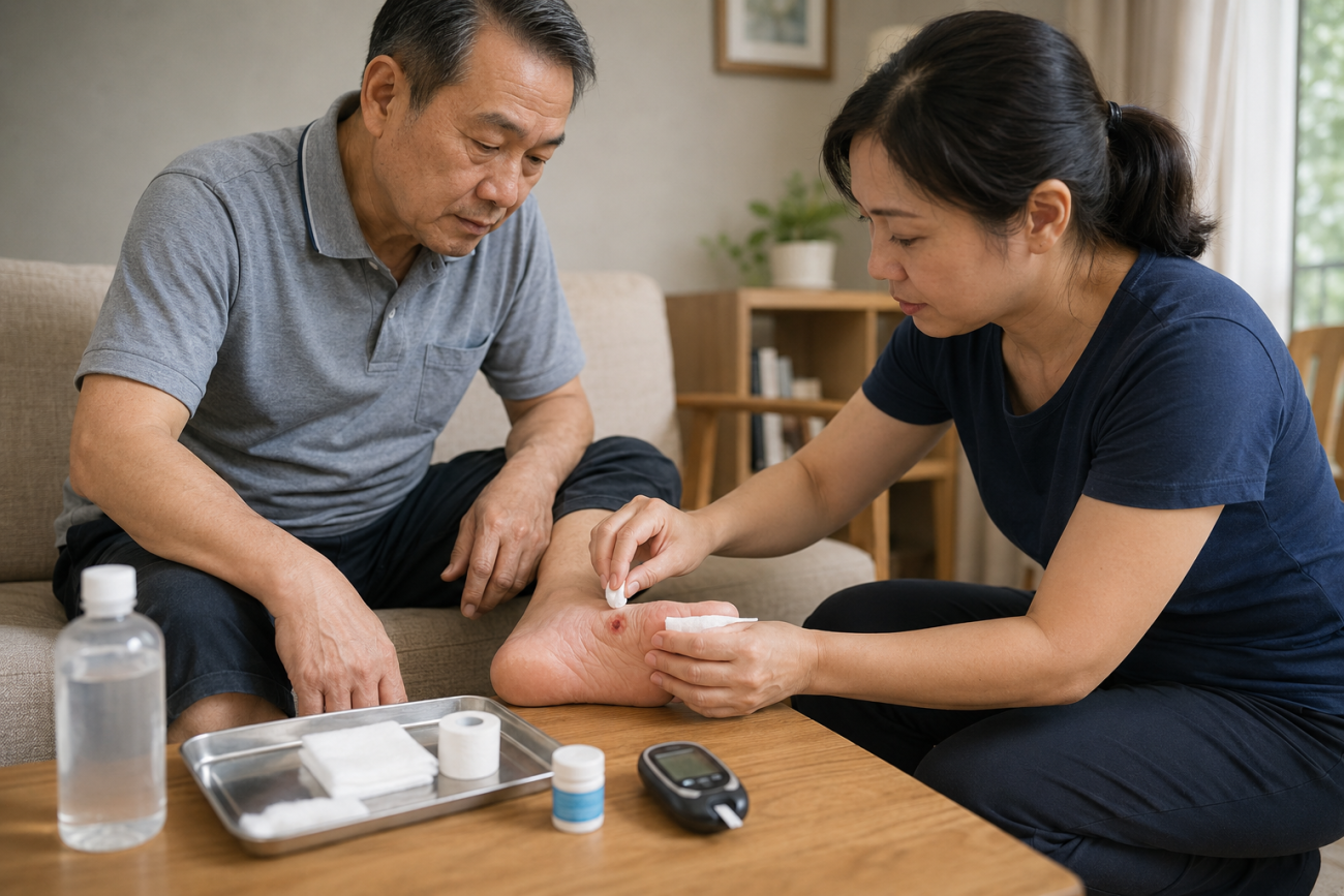 Người thân nhẹ nhàng làm sạch và che phủ vết thương nhỏ ở bàn chân cho người bệnh tiểu đường tại nhà, với gạc sạch và dụng cụ theo dõi đường huyết trên bàn.