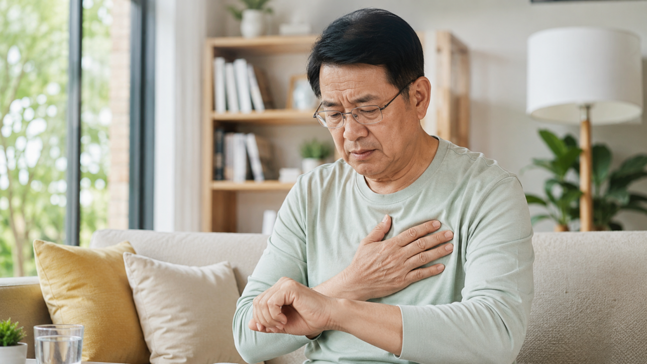 Người đàn ông lớn tuổi ngồi tại nhà, đặt tay lên ngực và kiểm tra mạch ở cổ tay. Ảnh phù hợp làm ảnh hero/ảnh đầu bài.