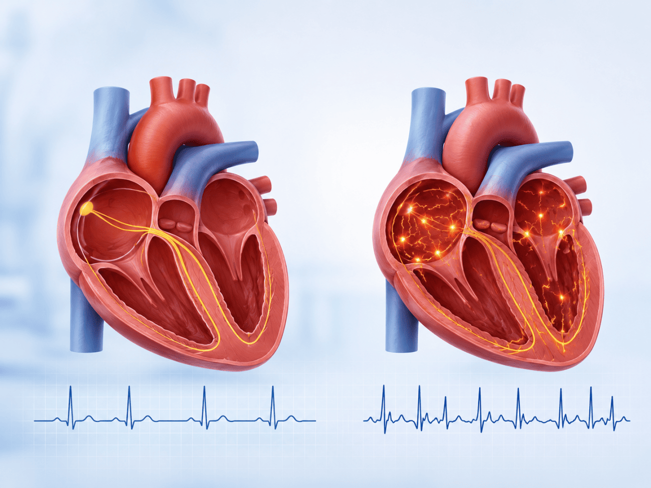 Minh họa nhịp tim bình thường và rối loạn nhịp do rung nhĩ