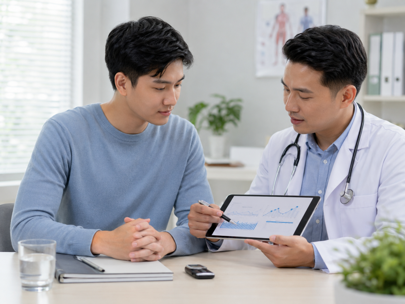 Bác sĩ tư vấn kết quả đường huyết cho người trẻ trong phòng khám