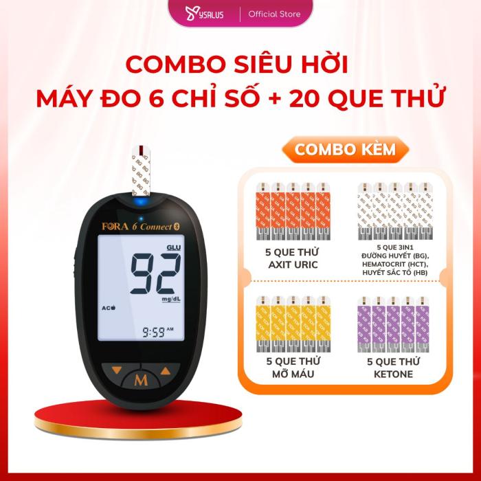 Combo Máy Đo 6 Chỉ Số Tại Nhà - Kèm 20 Que Test (UricCholesterolKetone3in1)