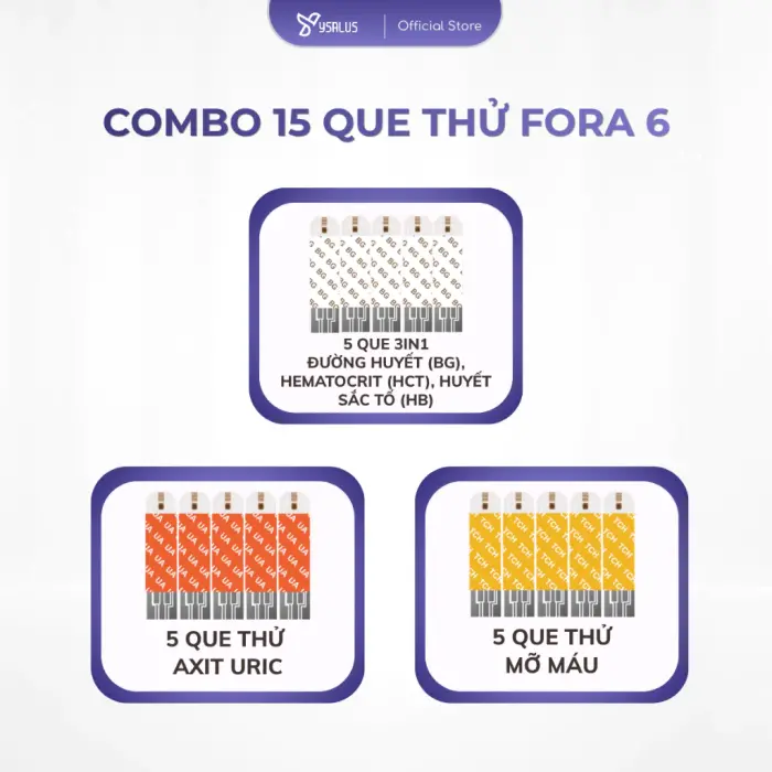 Combo 15 Que Thử Fora 6, 5 3in1 + 5 Axit Uric + 5 Mỡ Máu